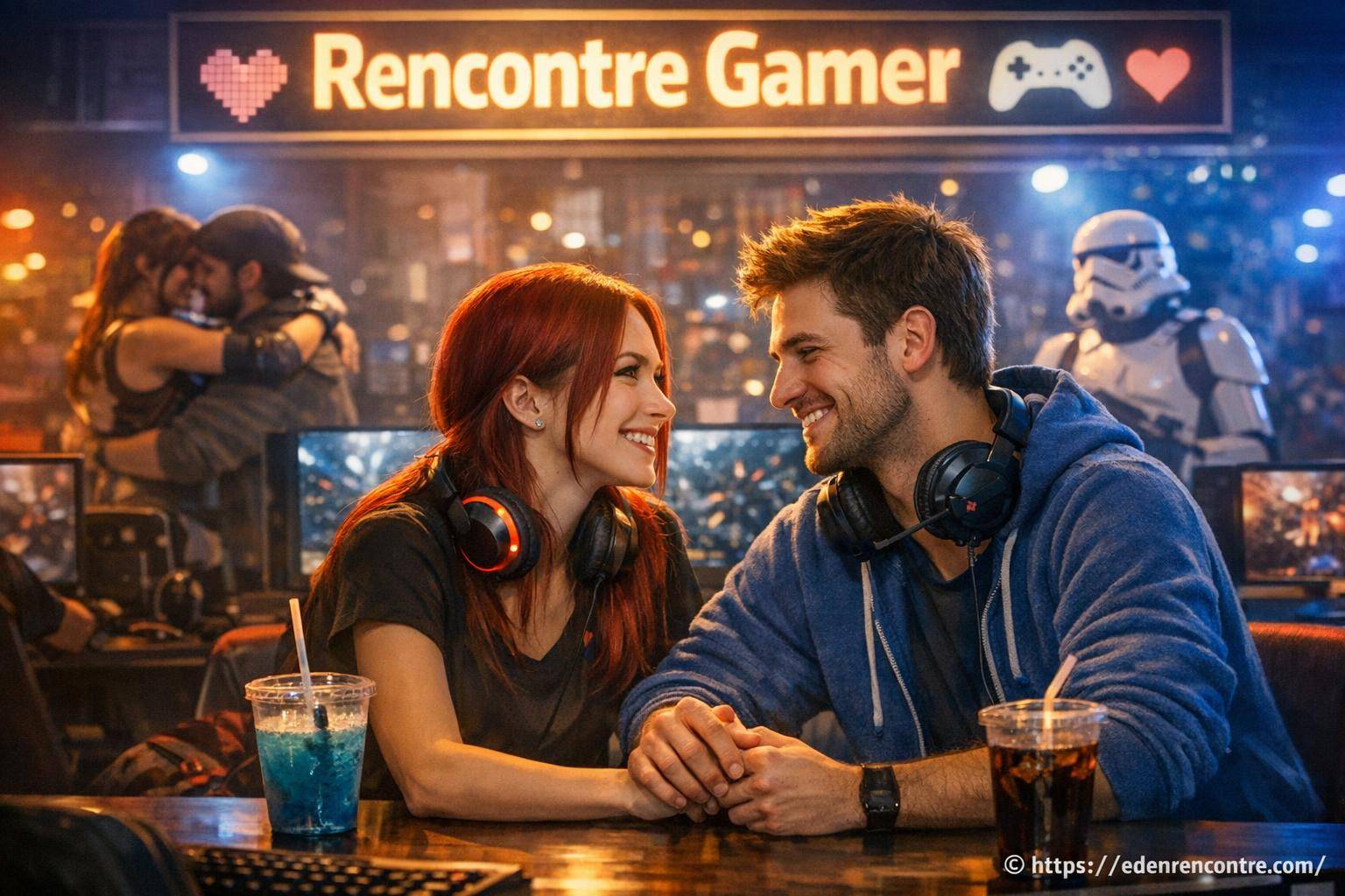 Couple souriant avec casques de gamer